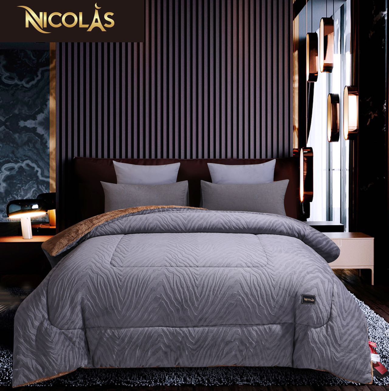 Chăn lông cừu Pháp Nicolas Cao Cấp Chăn lông cừu Pháp Nicolas màu ghi hiện đại, sang trọng, phù hợp với mọi không gian